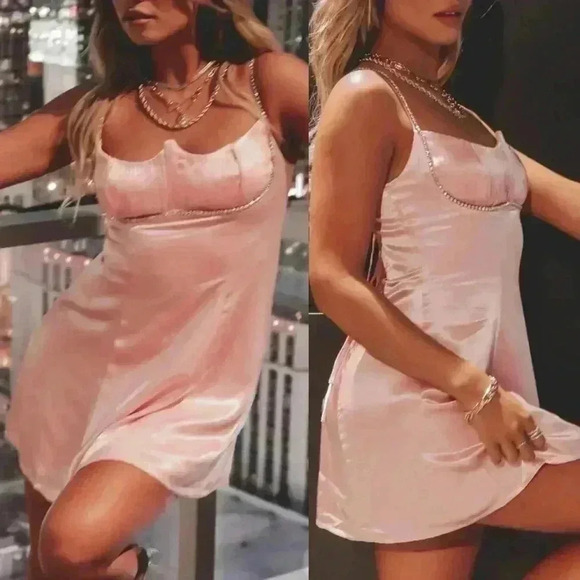 NWOT For Love & Lemons Elora Satin Strappy-Back Mini Pink Dress Size Large - Picture 12 of 12